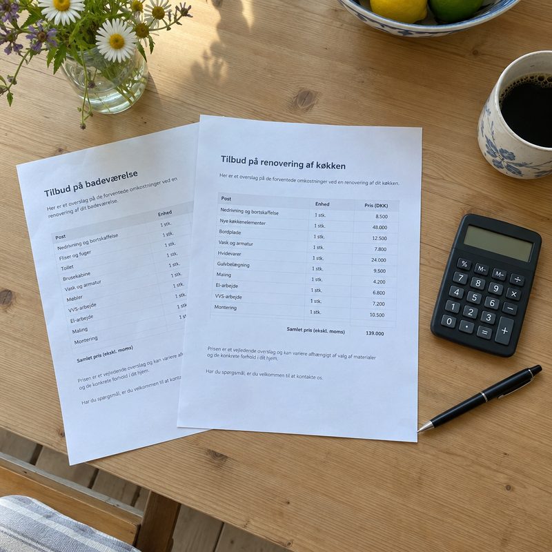Køkkenbord med tilbudsark, lommeregner og notepapir klar til fradragsopgørelsen